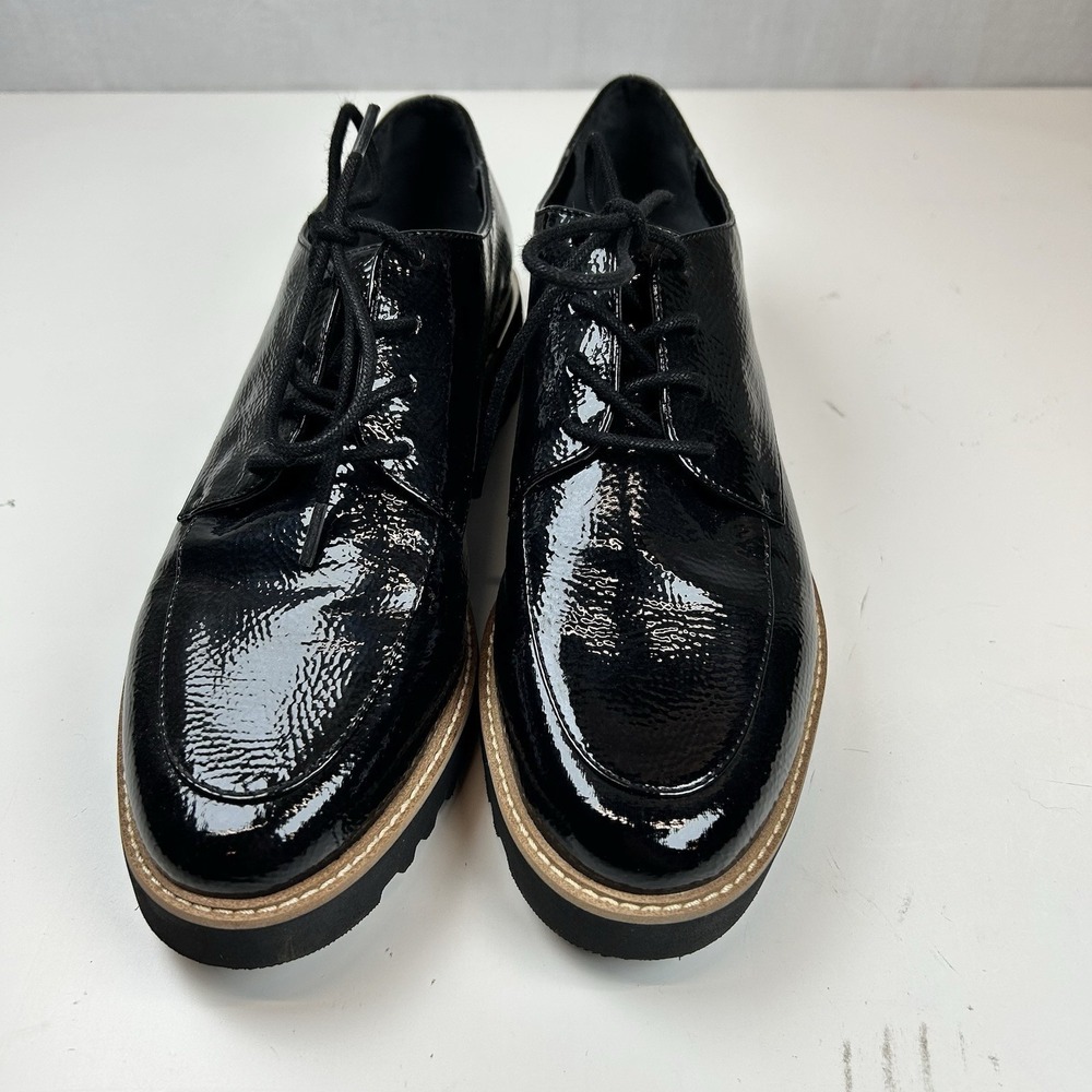 Franco Sarto Charles Shoe 7.5 M Lug Sole Derby Oxford Black Faux Patent Comfort - Picture 2 of 9